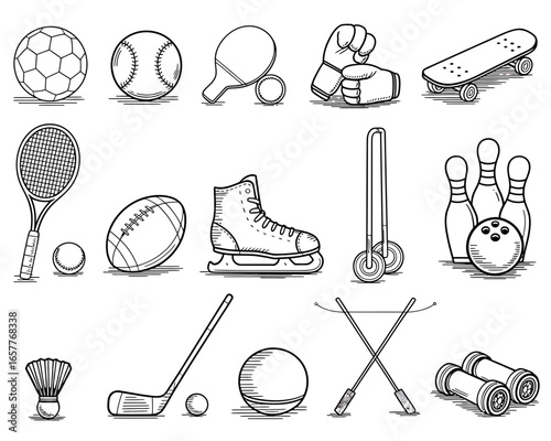 Collection of black and white sports equipment icons