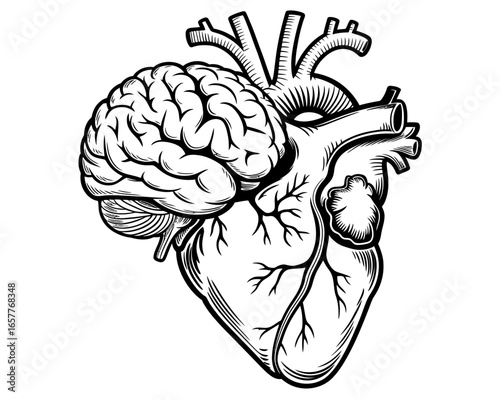 Symbolic fusion of human brain and heart in black and white