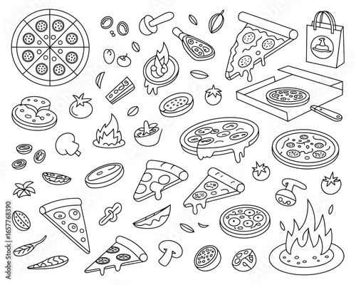 Doodle art collection of pizza slices whole pizzas and ingredients