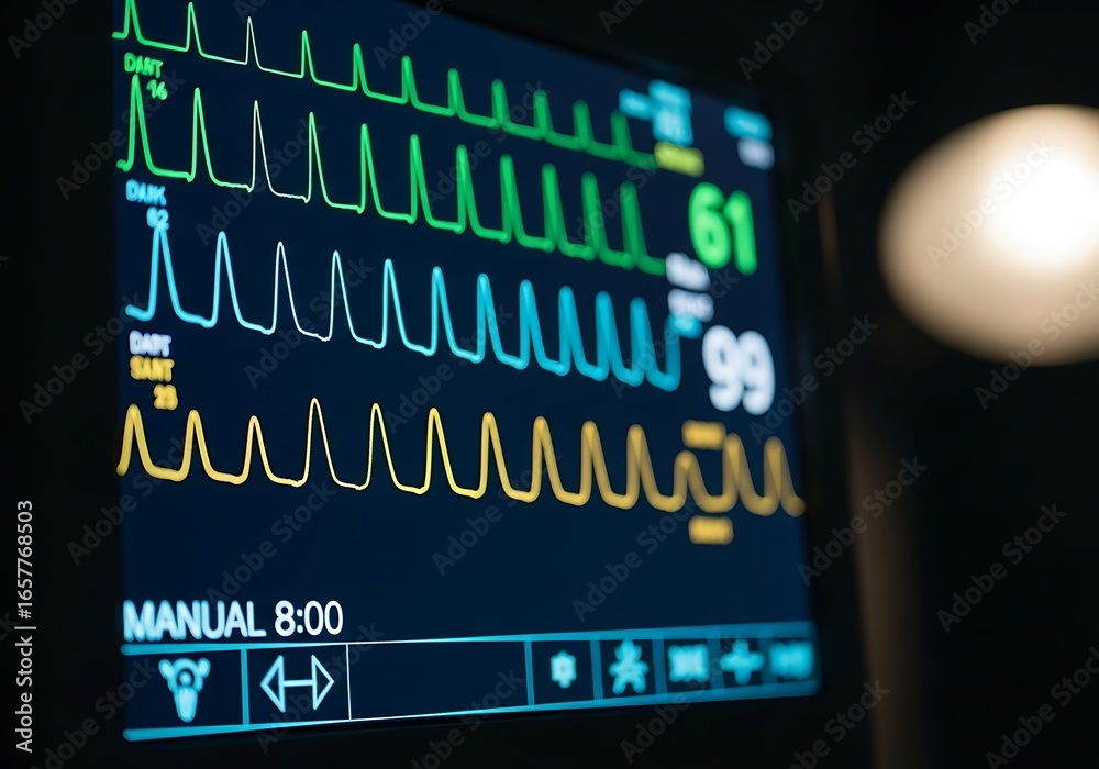 Obraz premium Closeup of a medical monitor displaying vital signs and heart rate waveforms in a hospital setting