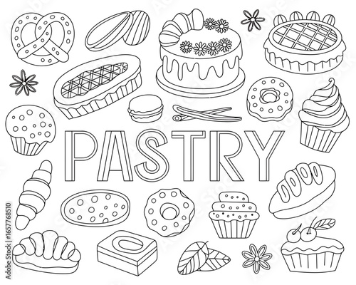 Wallpaper Mural A delightful collection of black and white pastry illustrations with the word pastry Torontodigital.ca