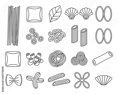 Collection of various pasta shapes and a basil leaf