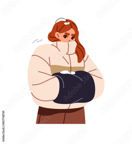 Sad frozen girl shivers from cold weather. Young woman in outerwear freezes, warms up her hands with muff. Person in winter clothes shakes from frost. Flat isolated vector illustration on white.