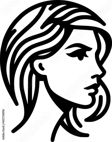 Minimalist black and white vector icon of a woman's face in lineart style. Clean, modern, geometric design for logos, stickers, or digital use.