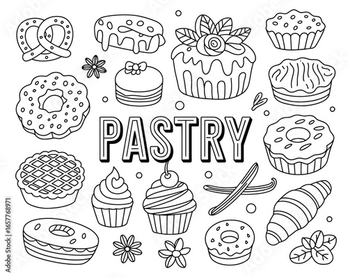 Whimsical hand drawn pastry collection with the word pastry