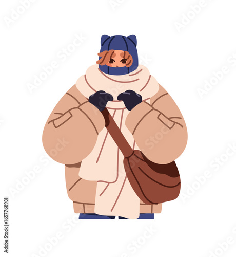 Freeze girl in knitted hat, winter clothes shivers from frost. Frozen woman with woolen scarf and mittens shakes from cold weather. Person in outerwear. Flat isolated vector illustration on white.