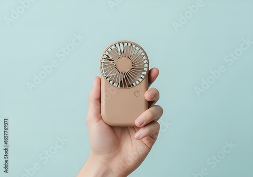 Person holding a small portable handheld fan providing personal cooling on a bright blue background