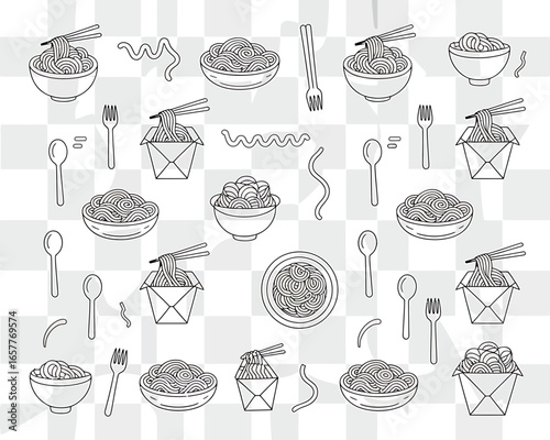 Noodle bowls and takeout boxes with chopsticks and cutlery