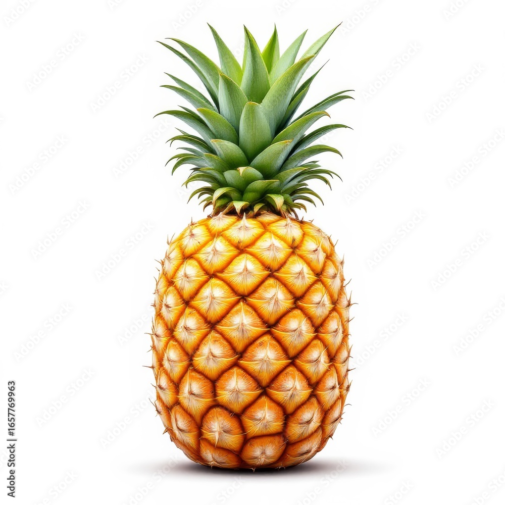 Fototapeta premium Ripe Pineapple with Green Leaves on white background