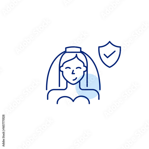 Bride, shield and checkmark. Protected ceremony, certified matrimonial standards, safe wedding arrangements. Pixel perfect, editable stroke vector icon