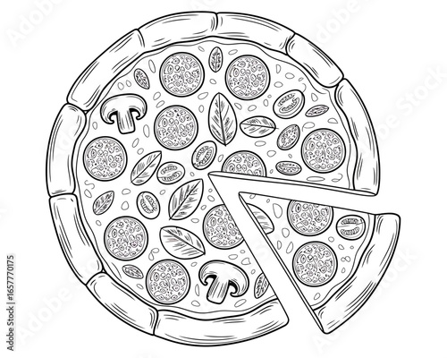 Delicious pepperoni mushroom pizza slice drawn in black and white