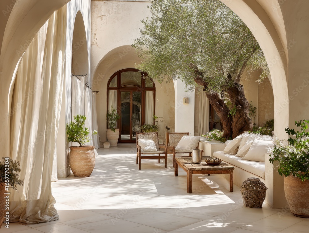 Fototapeta premium A large arched doorway leads to a courtyard with a tree and a bench. There are several potted plants and vases scattered throughout the area