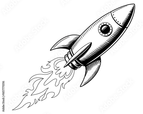 Retro rocket ship blasting off with fiery exhaust