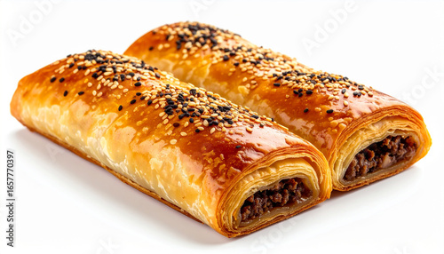 Two golden-brown sausage rolls with sesame seeds and a savory meat filling.