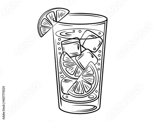 Refreshing drink with ice and lemon slices in a tall glass