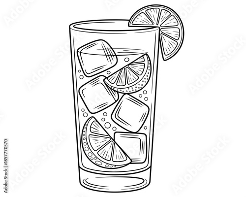 Refreshing glass of iced citrus drink with lime slices and ice cubes