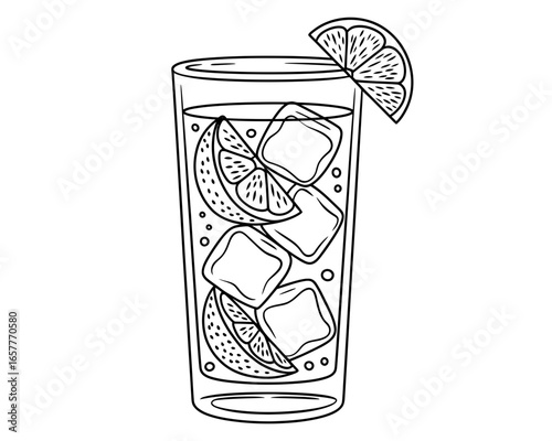 Refreshing tall glass of drink with ice and citrus slices