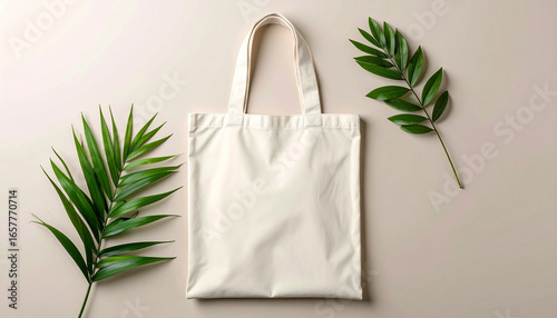 A blank canvas tote bag with handles, placed on a neutral surface with green leaves.