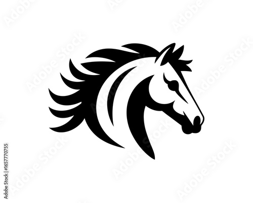 Stylized black and white horse head logo
