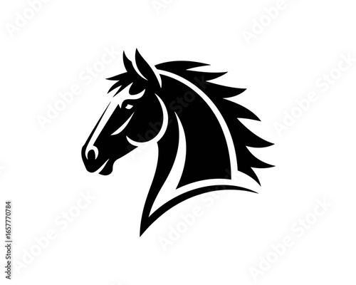Stylized black horse head silhouette with flowing mane