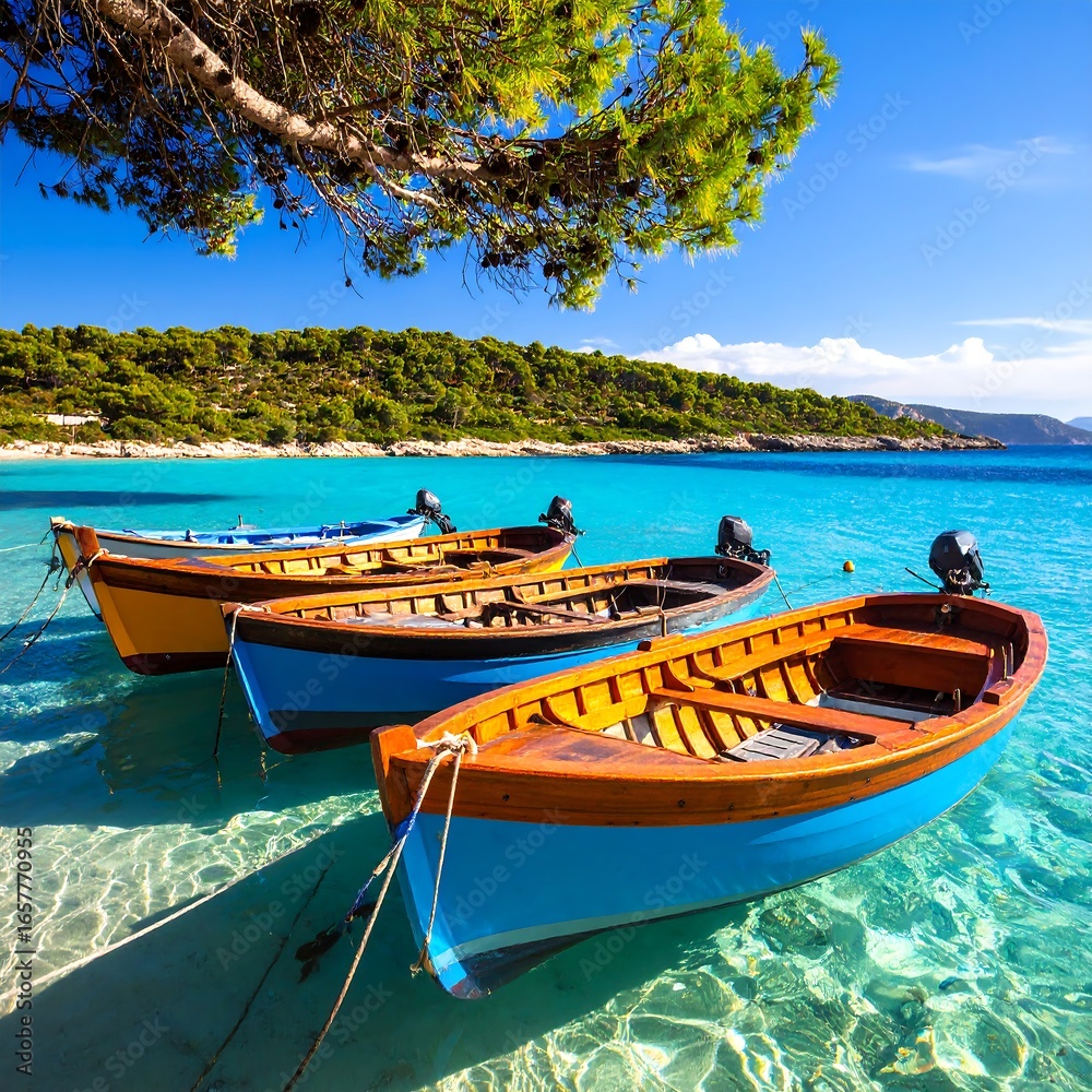 Fototapeta premium Sunny beach scene with colorful boats