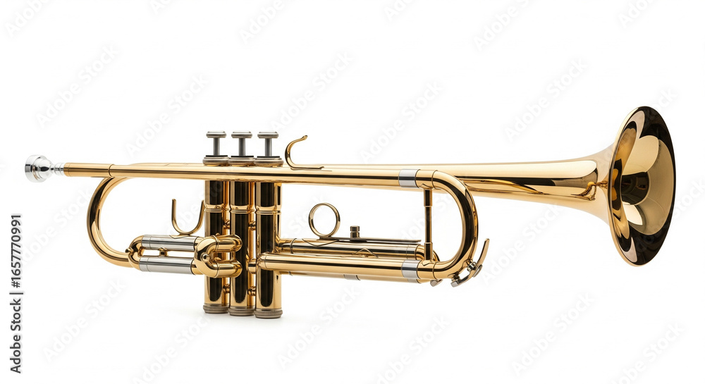 Fototapeta premium Golden brass trumpet musical instrument on isolated transparent background.
