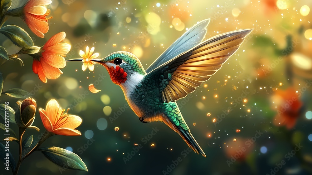 Obraz premium Hummingbird flying near flowers digital art wallpaper background desktop hd colorful animal wildlife nature