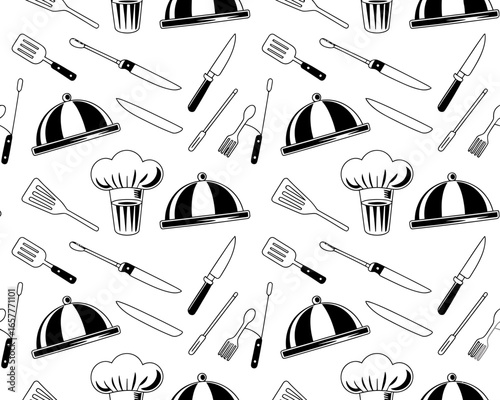 Seamless pattern of kitchen utensils and chef hats