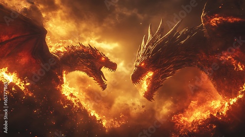 Two fierce dragons breathing fire in a dramatic inferno flames photo