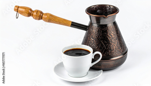 A white cup of coffee on a saucer next to a copper coffee pot.