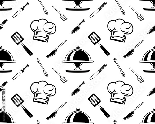 Seamless pattern of chef hats and kitchen utensils