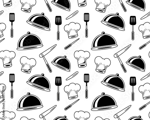 Seamless pattern of chef hats serving dishes and kitchen utensils