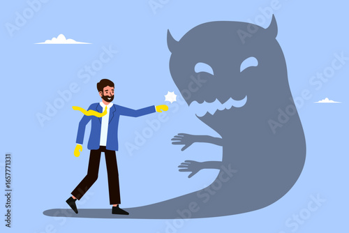 Businessman conquers his inner fear monster. Concept of courage, self-belief, and overcoming doubt to achieve business success.