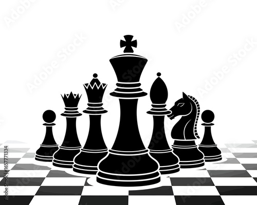 Black chess pieces arranged on a chessboard