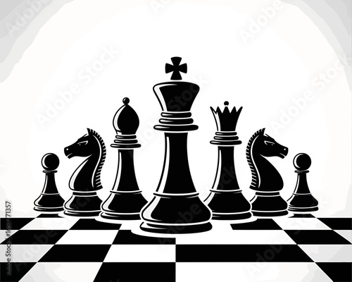 Black chess pieces arranged on a chessboard