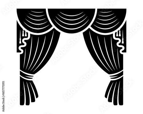 Elegant black stage curtains with decorative swags and tassels