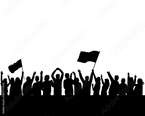 Silhouette of a cheering crowd with flags against a white background