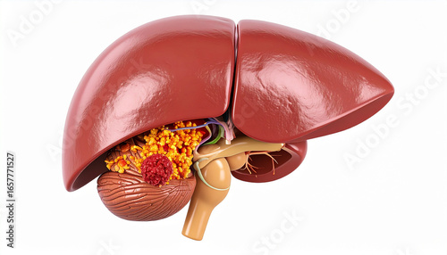 Anatomical illustration of the human liver and surrounding organs, showcasing its structure and components.
