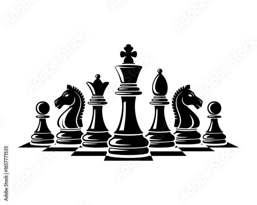 Black and white chess pieces arranged on a chessboard