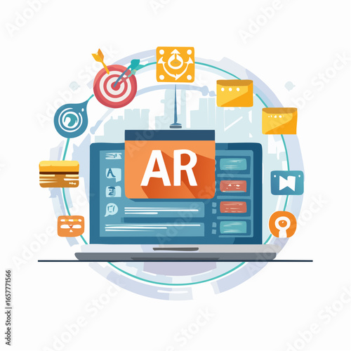 Vector icon set about advertising innovation featuring AR ads, influencer marketing, social media campaigns, and programmatic ads in a clean flat modern design for business and media projects.