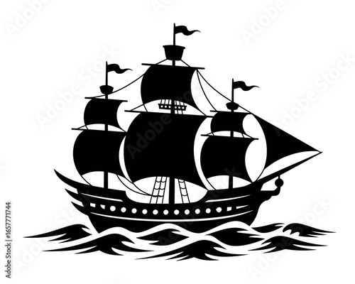 Silhouette of a majestic sailing ship navigating through choppy seas