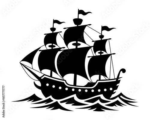 Silhouette of a tall ship sailing through waves