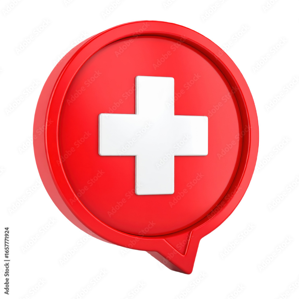 Obraz premium Red 3D location pin icon featuring a prominent white medical cross symbol in the center, representing healthcare or emergency services