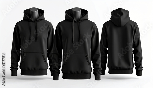Three black hoodies displayed on mannequins, showcasing front and back views for apparel design.