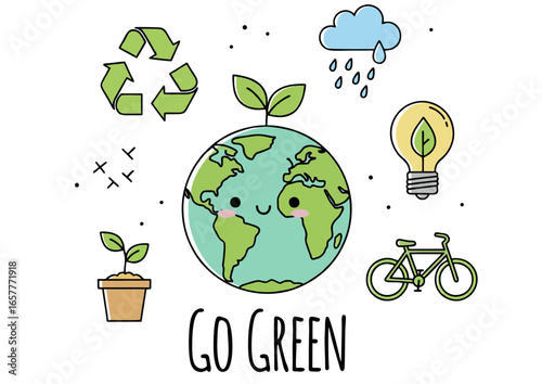 Go Green Earth character with eco-friendly icons