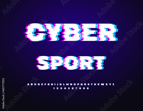 Vector Digital logo Cyber Sport. Broken Effect Font. Glitched Pixels Alphabet Letters and Numbers set.