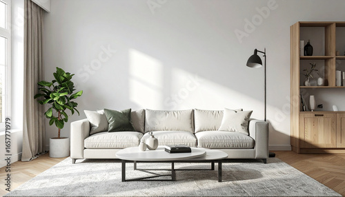 A bright and airy living room with a neutral-toned sofa, coffee table, and a floor lamp.