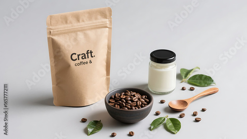 Craft coffee beans in bowl with milk and coffee leaves on gray background; branding and packaging mockup for coffee products