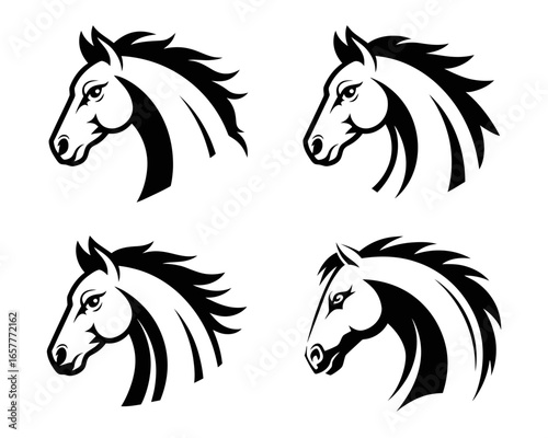 Four stylized black horse head logos on white background