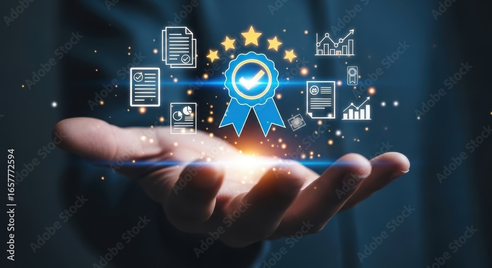 Obraz premium Hand holding glowing award badge with business icons representing quality and success